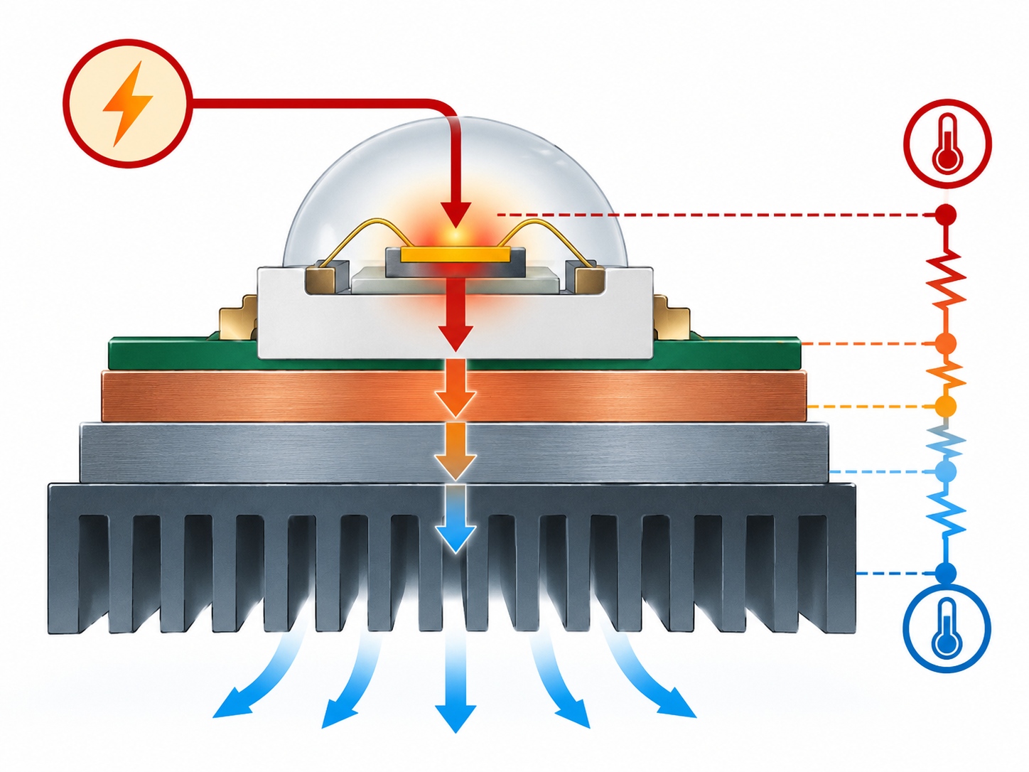 Featured image of an LED device mounted on a circuit board with a thermal path highlighted  