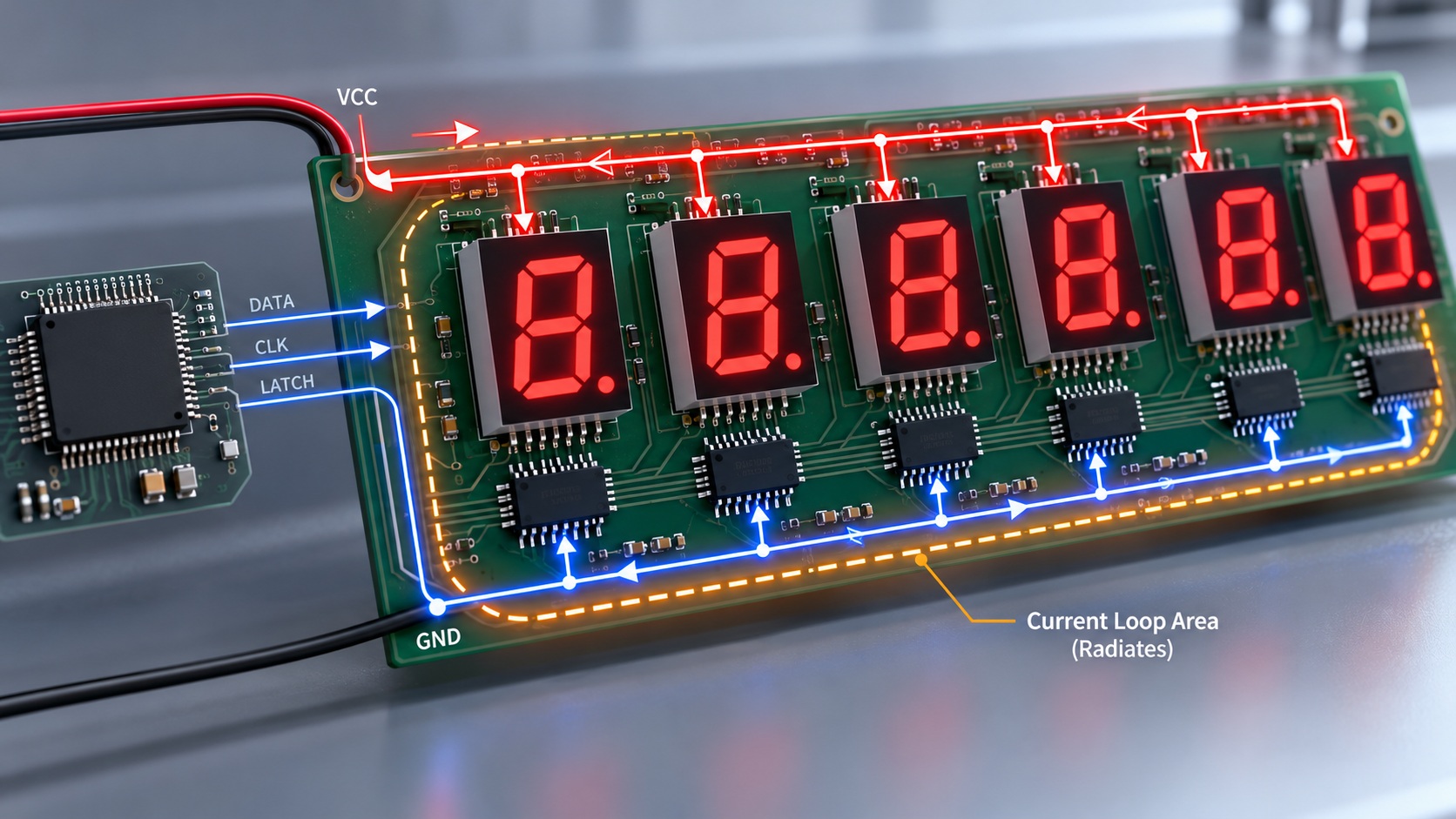 Engineer scanning a display board with a near-field probe - Title: Scan the Board