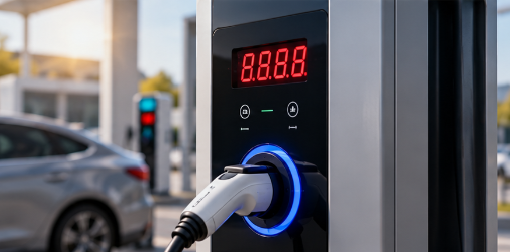 EV charger with lit LED display at dusk in a car park
