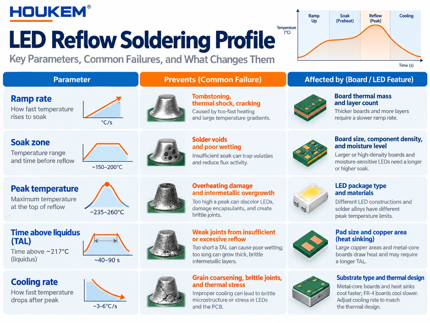 Table of reflow profile parameters with the failure each one prevents