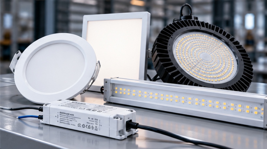 Engineer measuring LED driver ripple and optical output on a bench