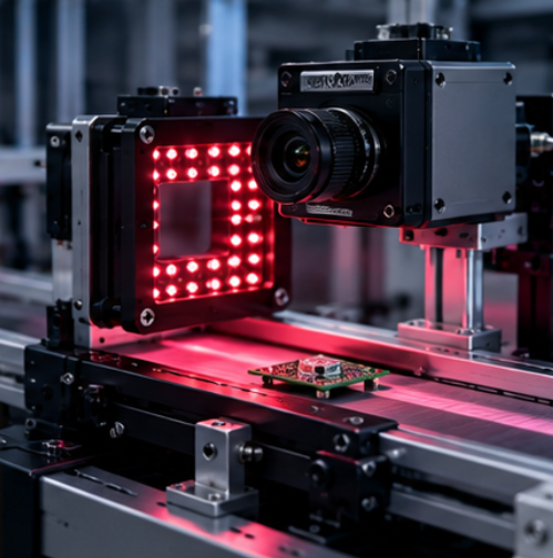 Engineer aligning a SWIR emitter with an InGaAs detector on an optical bench