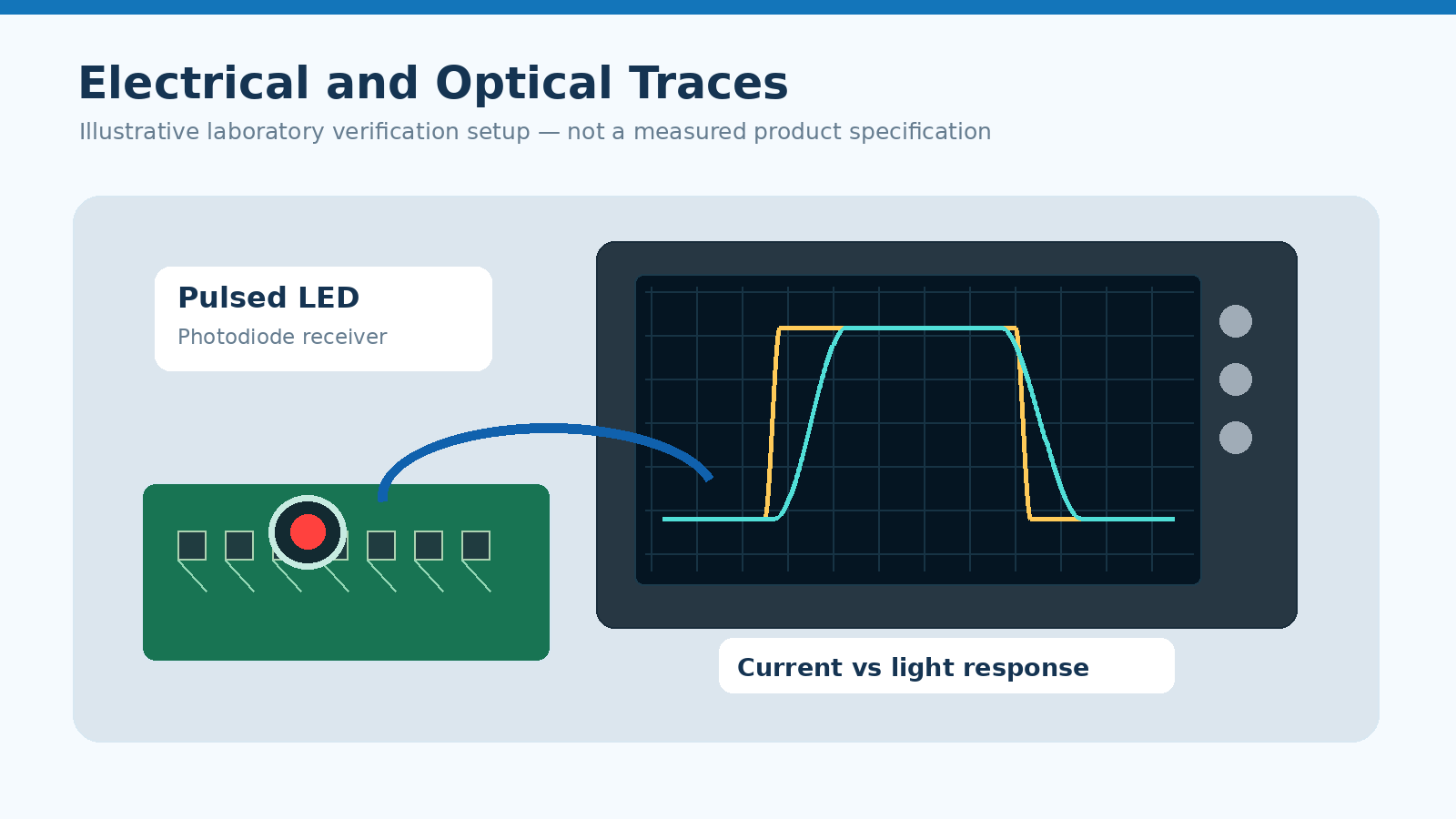Oscilloscope showing optical and electrical pulses from a driven LED