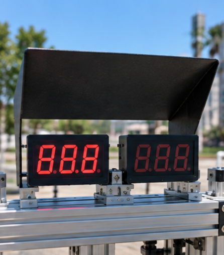 Engineer comparing display samples outdoors under controlled conditions