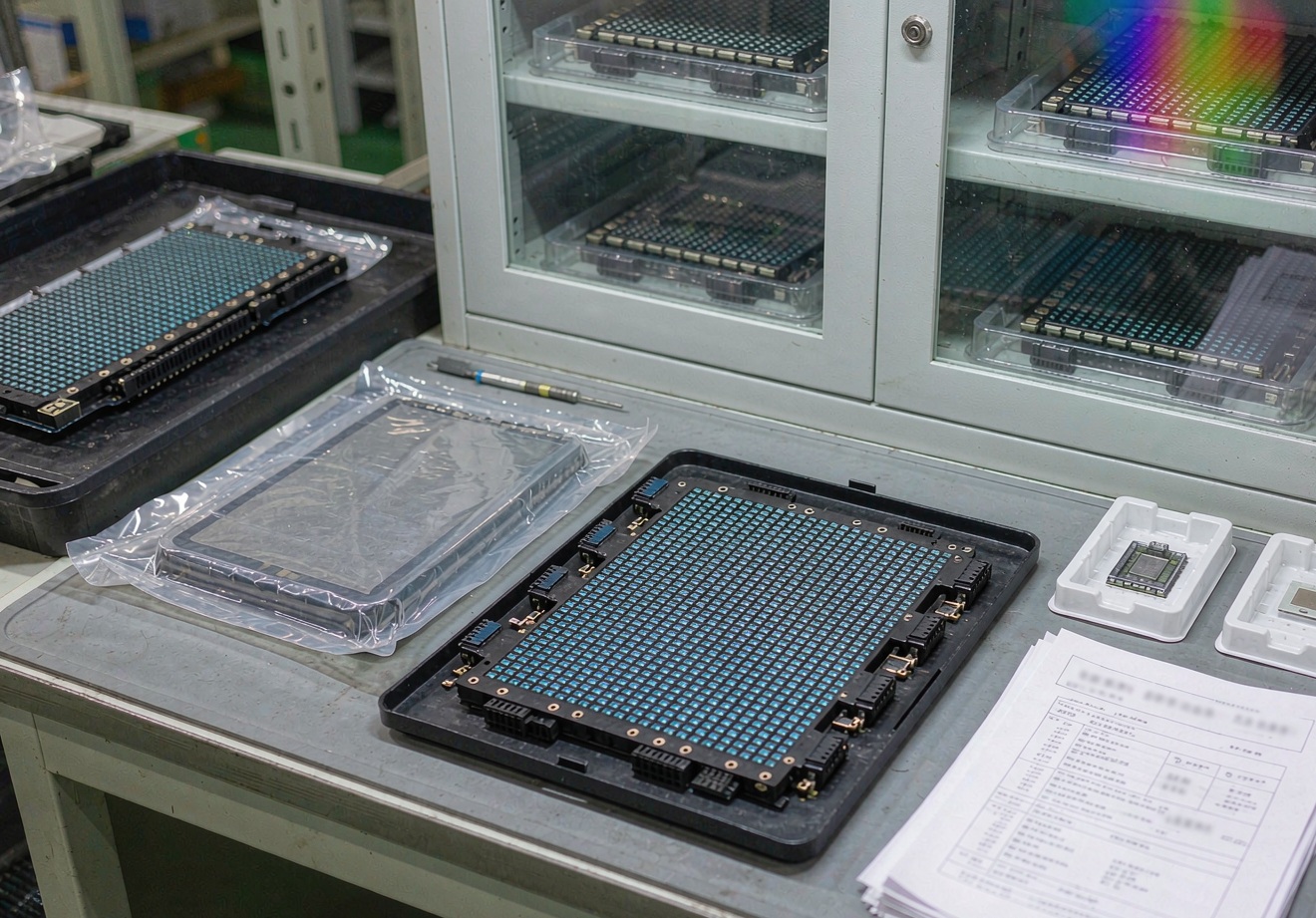 Incoming inspection station with custom LED display modules, sealed reference samples and documentation on a factory workbench
