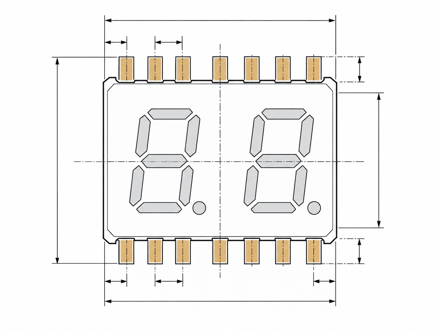 PCB footprint drawing of a two-digit 7 segment display showing the package outline, a row of copper pads and dimension-style arrows