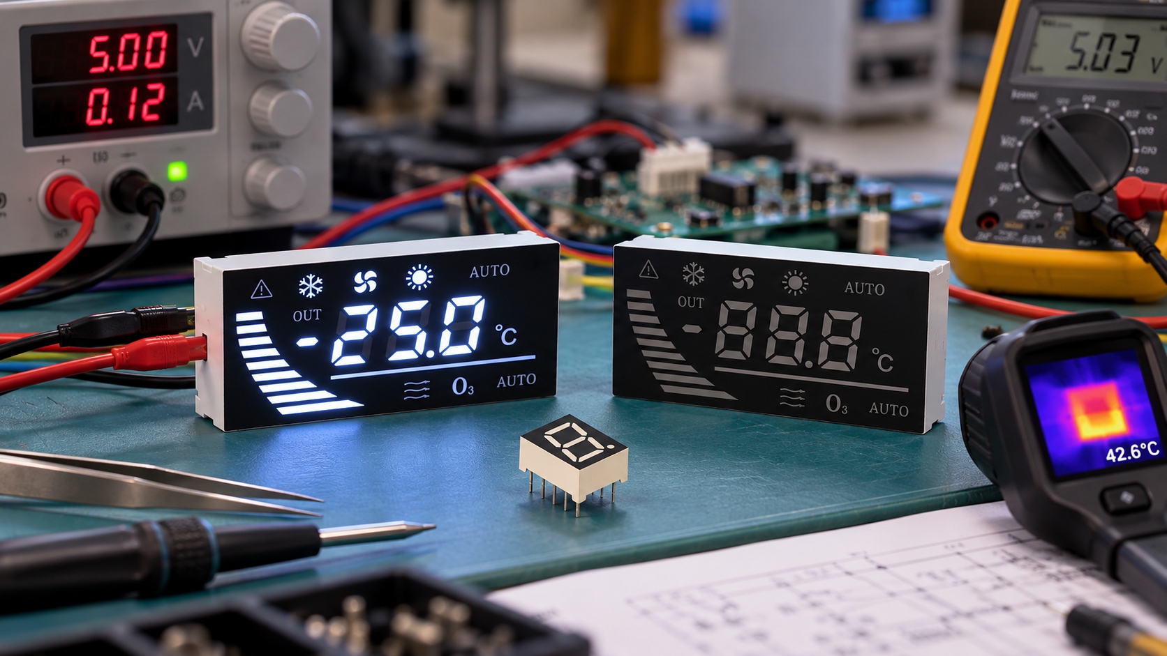 Bench setup comparing a suspect LED unit against a retained reference sample