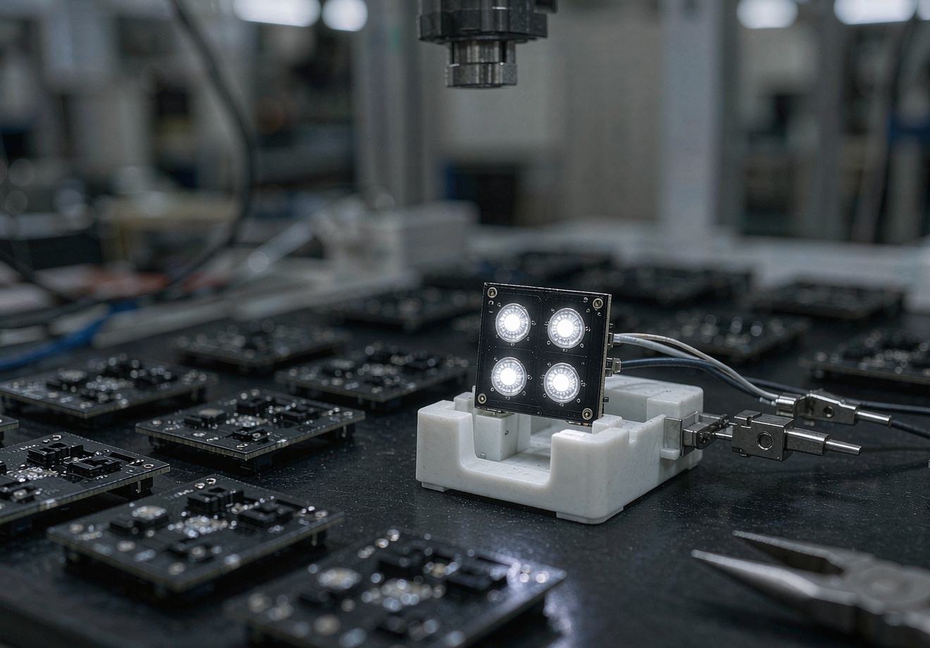 LED assembly test station with a lit LED module in a test fixture connected to measurement clips on a production floor