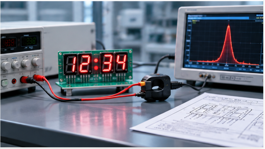 Bench test of a multi-digit display with a current probe on the supply rail
