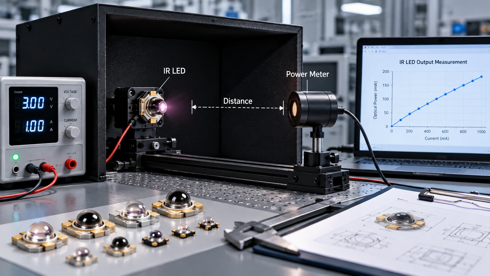 Illustrative lab scene of an engineer recording infrared LED measurement results