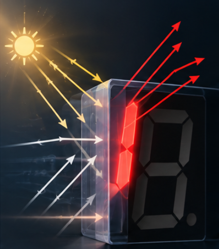 Diagram of ambient light reflection paths inside an LED display window