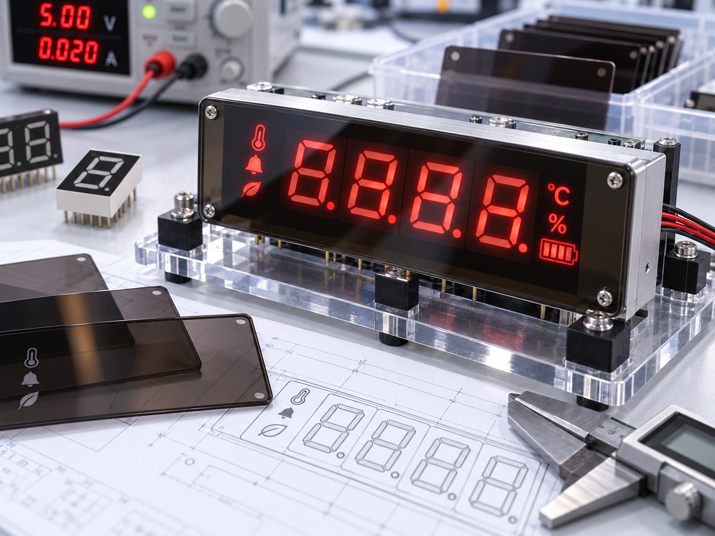 Engineer checking custom LED icons through a tinted product window