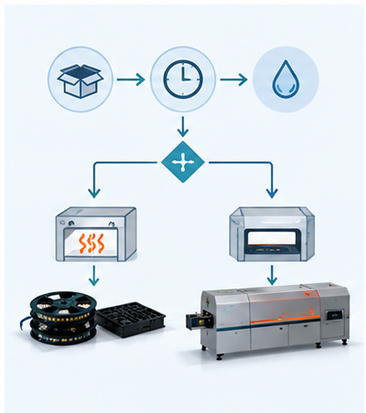 Flow chart for floor life tracking and bake decision before reflow