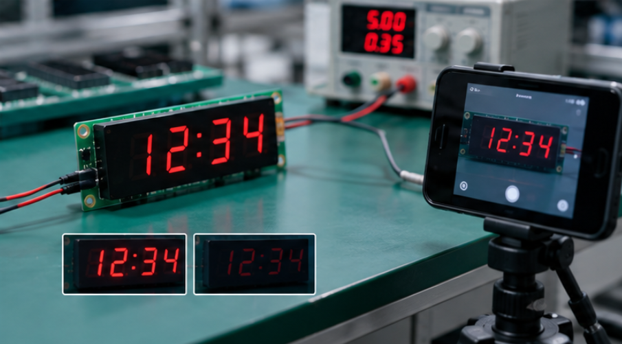 Custom LED display module at the end of a production trial run awaiting approval