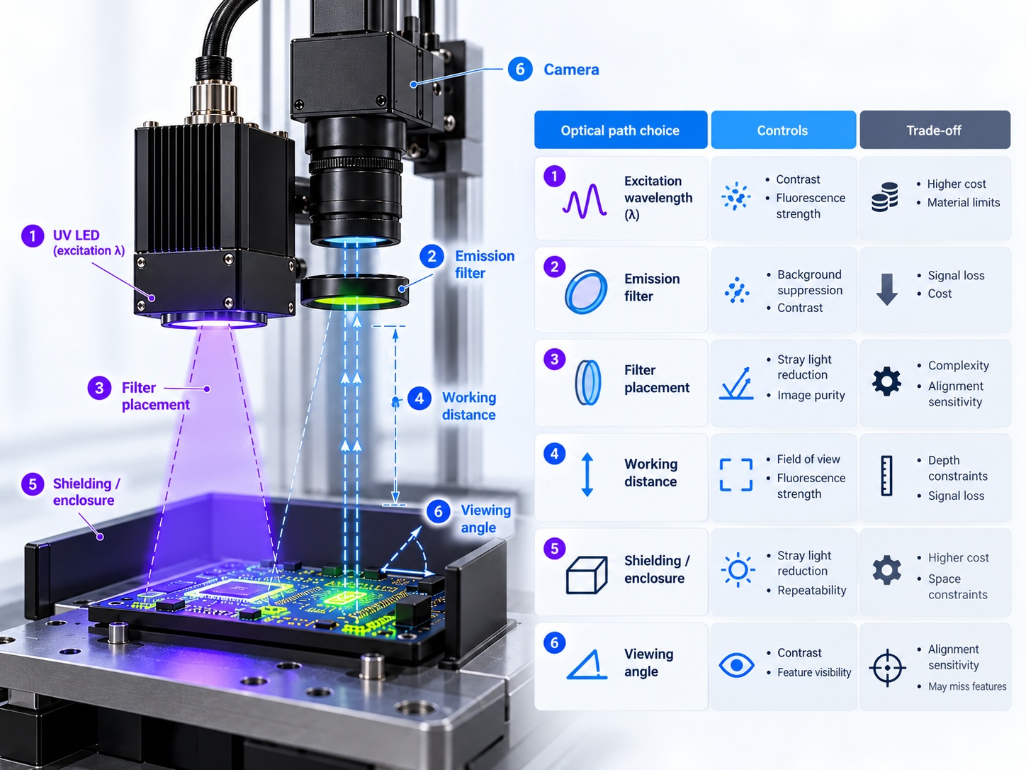 Table of optical path decisions and their trade-offs for UV inspection