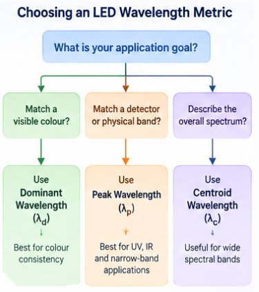 Decision tree mapping application needs such as colour matching, detector matching and UV curing to the appropriate LED wavelength metric