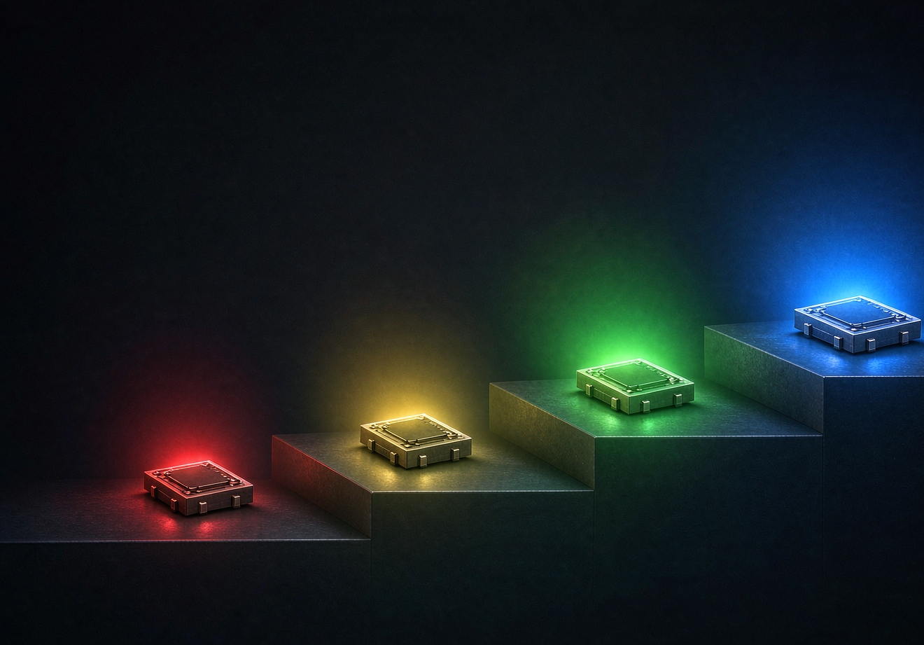 Four LED chips in red, yellow, green and blue glowing on rising platforms to suggest different electrical characteristics