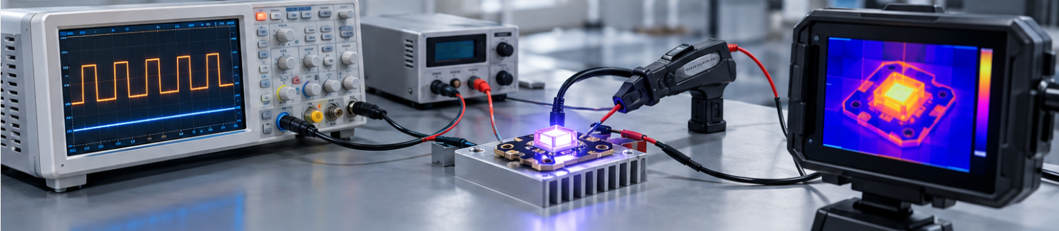 Bench setup with an oscilloscope, current probe and thermal camera measuring a pulsed LED board