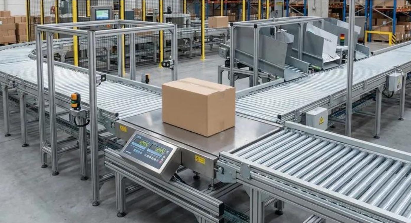 Bench scale with LED readout on a packing line