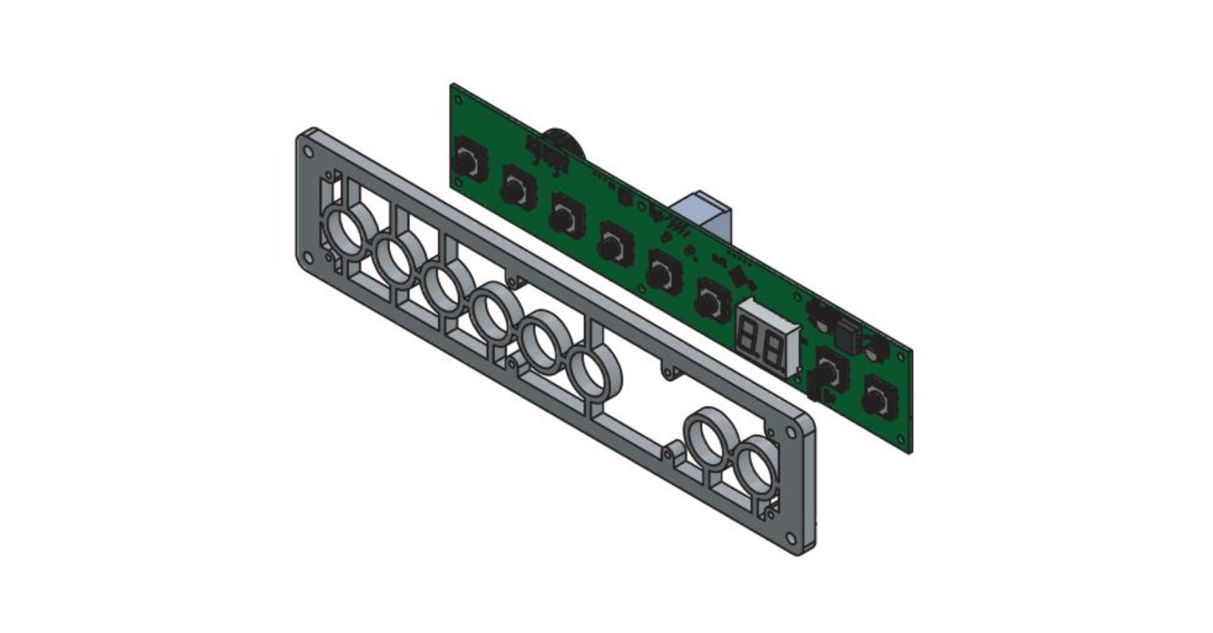 Exploded view of an LED display front panel with filter and aperture