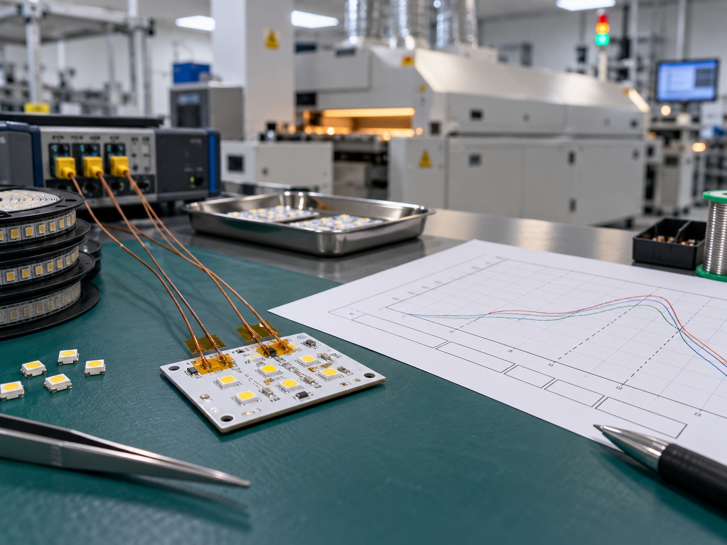 Engineer preparing thermocouples on an LED assembly before reflow