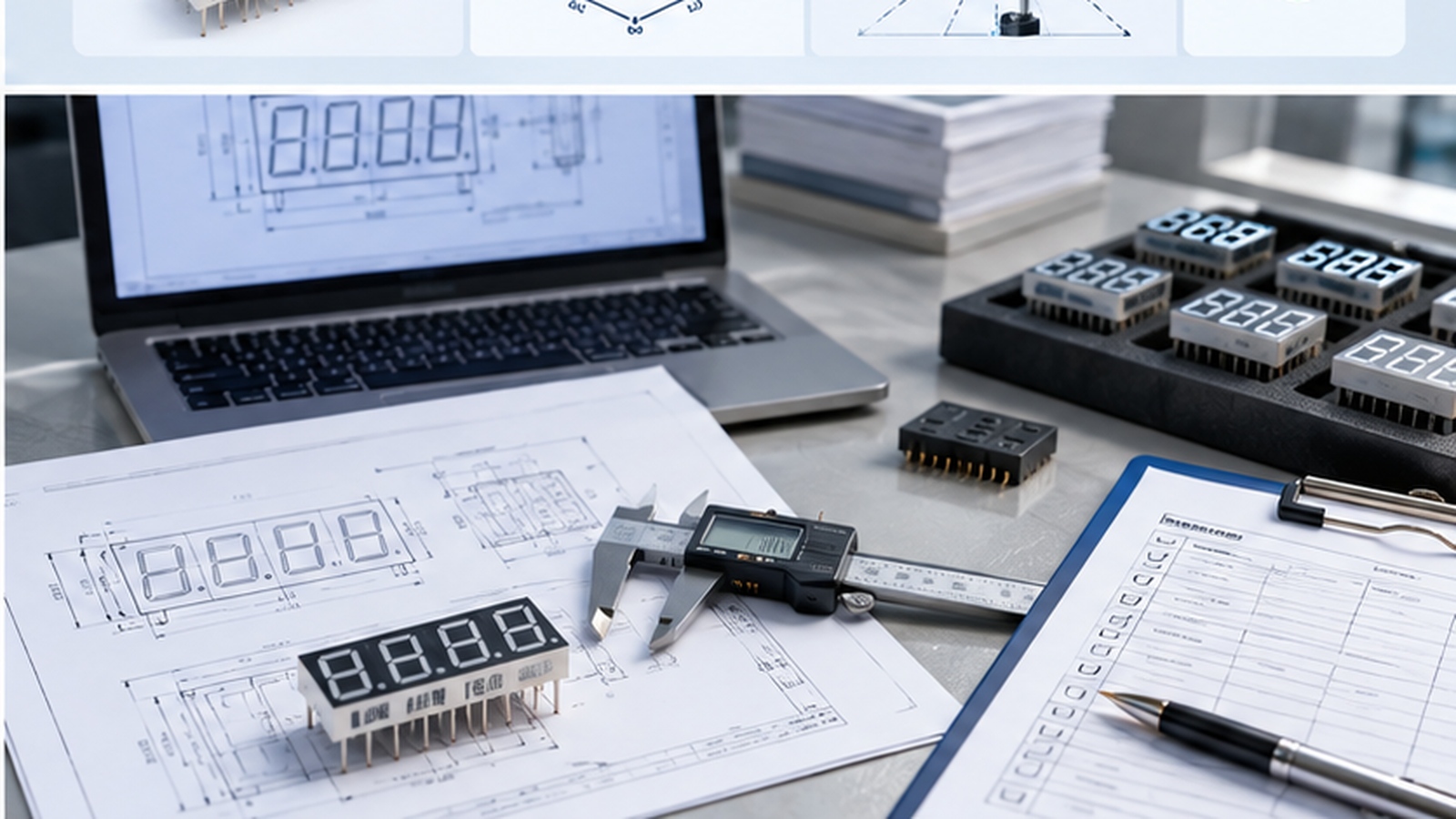 Engineer checking a custom LED display sample against an approved drawing revision
