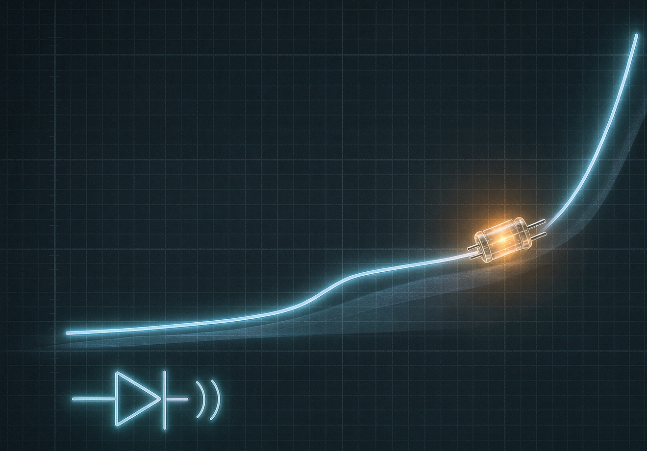Stylized LED characteristic curve drawn as a glowing line with a lit LED component at a point on the curve and an LED circuit symbol below