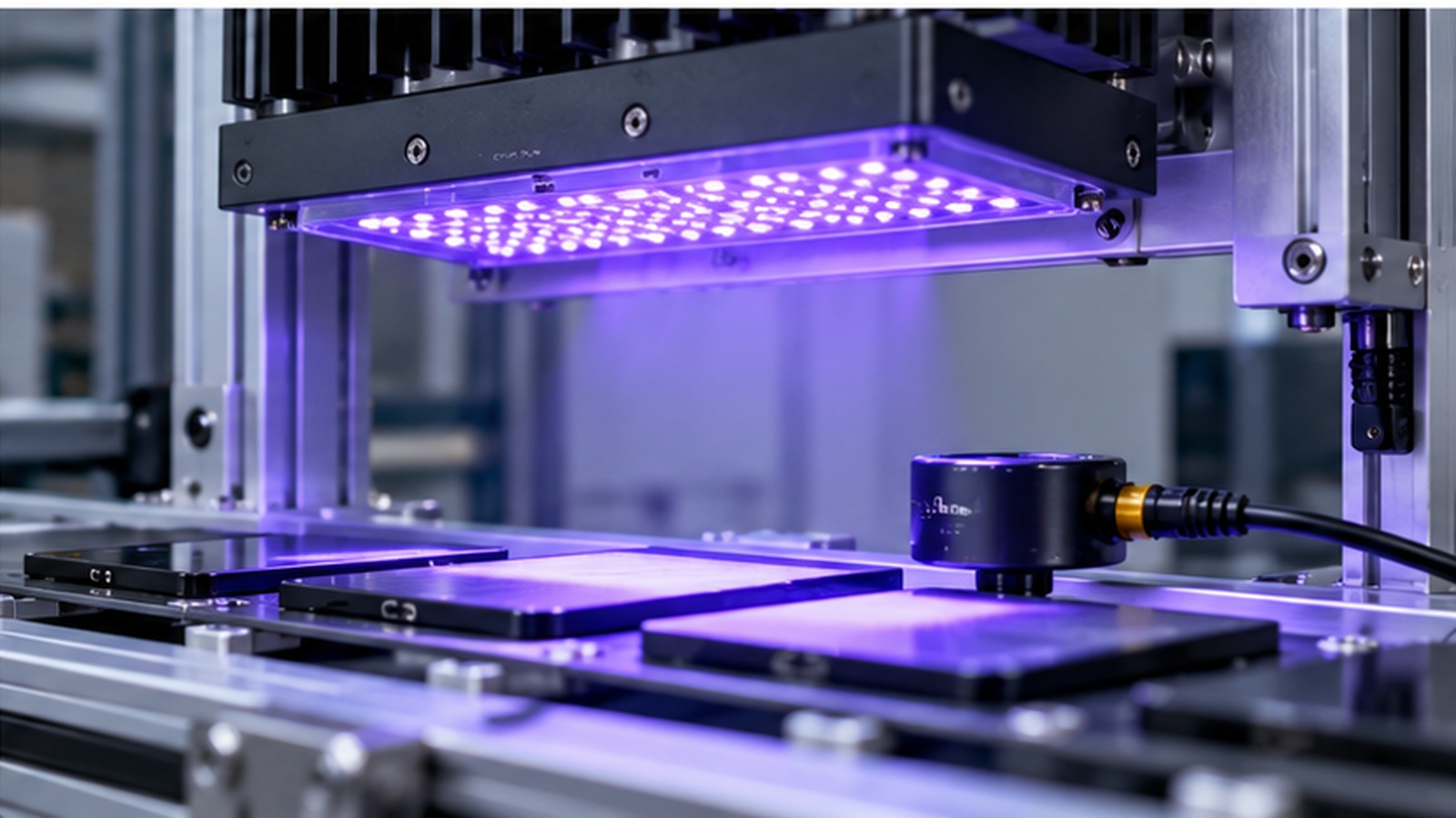 UV curing station with an emitter array behind a quartz window and a radiometer