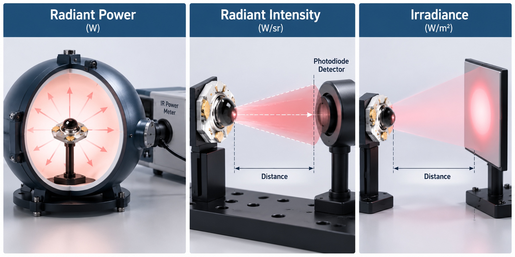 Comparison of radiant power, radiant intensity and irradiance with their measurement geometries