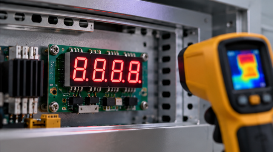 Industrial panel display with a thermal check on the switching devices