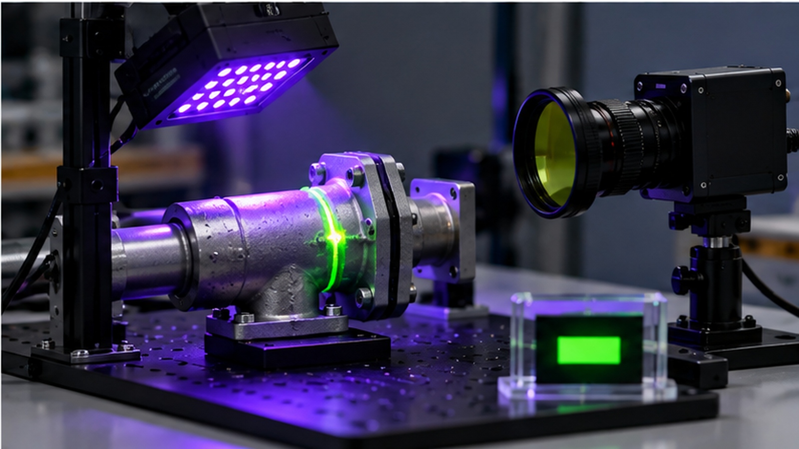 Bench inspection of a tracer-marked joint under UV illumination