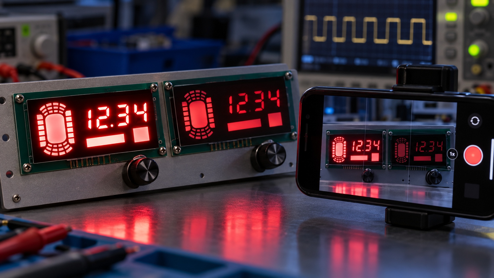 Instrument panel photographed at two dimming levels with a camera checking for banding