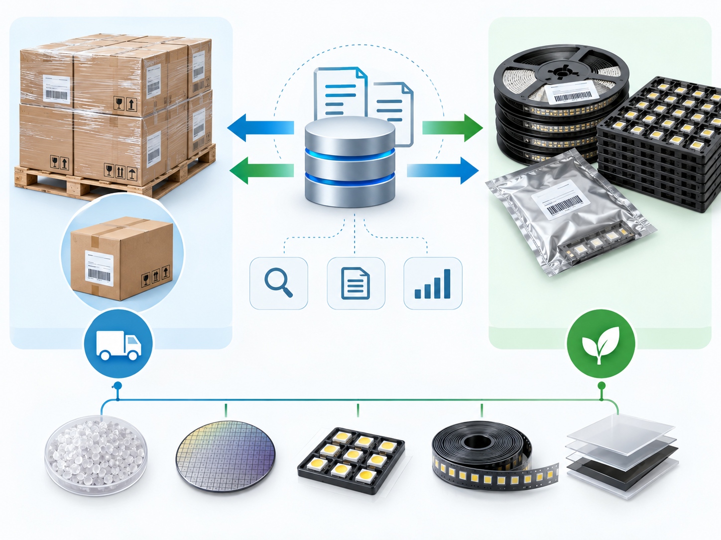 Concept diagram showing several input material lots merging into a finished-product batch, with records that preserve the linkage  