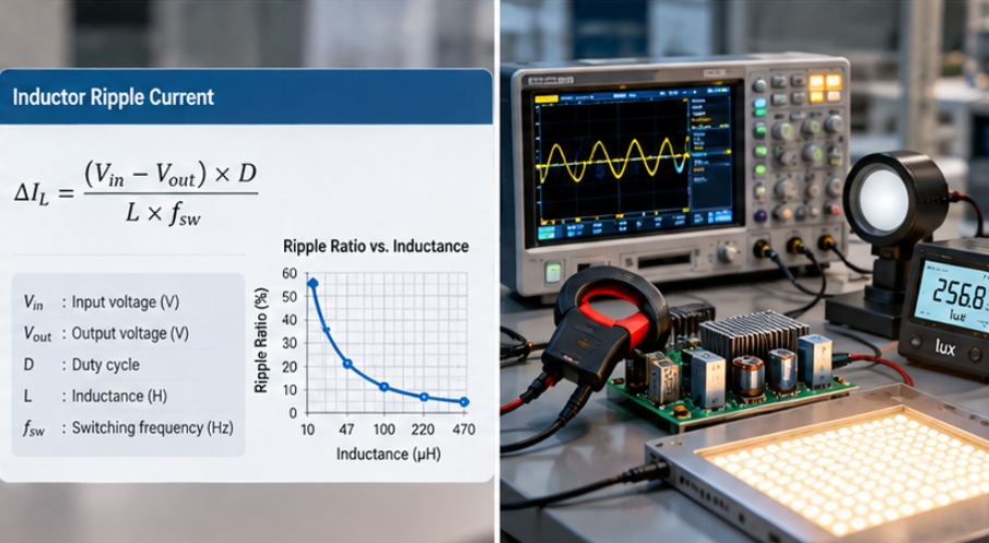 Switching and linear LED driver topologies compared by ripple source