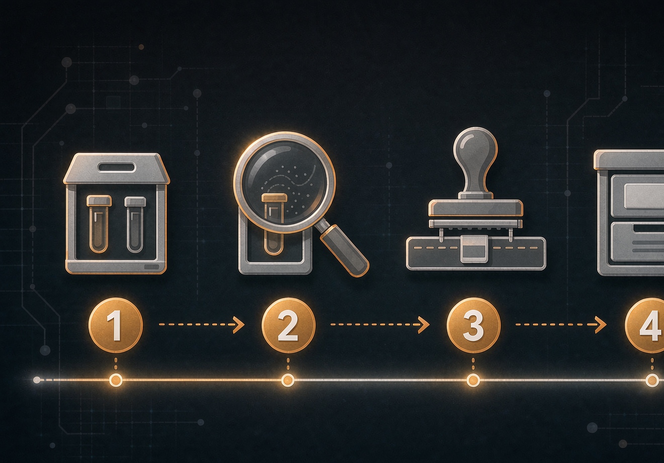 Four-step quality workflow graphic showing a sample kit, inspection magnifier, seal stamp and storage archive