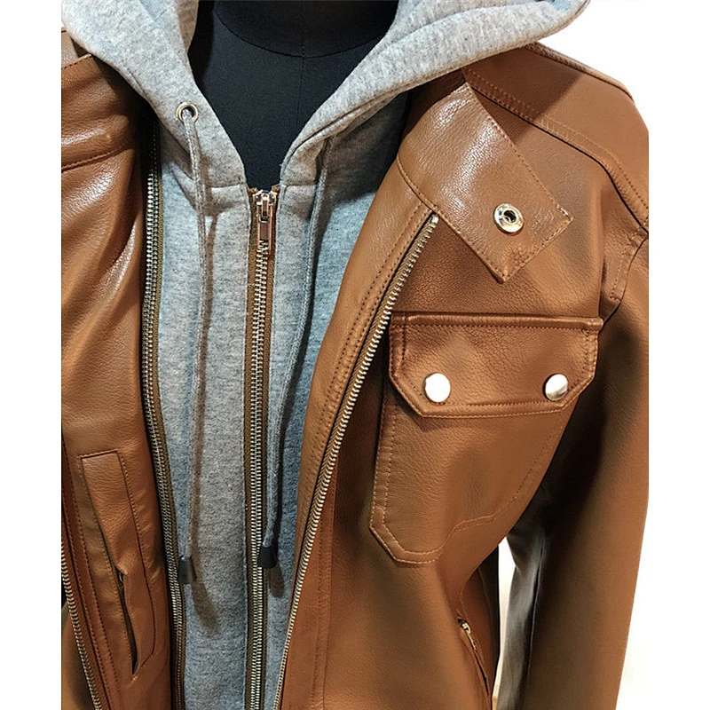 Medium Women Hooded Pu Jacket With Brown Leather Coat For Female YE-1853