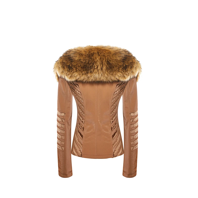 Winter Warm  Fashion OEM Waterproof Zipper Slim  100%PU Jacket  With Fur Coat 603-J721249