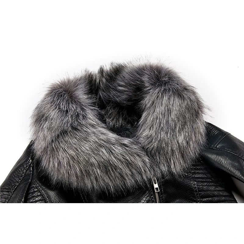 2019 Winter Warm  Fashion OEM Windproof Zipper Slim Black PU Jacket  With Fur Coat