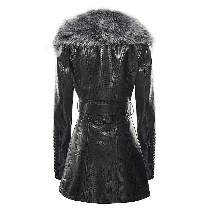 Winter Warm  OEM Waterproof Zipper Slim  100%PU Black Jacket  With Fur Coat LR-8878