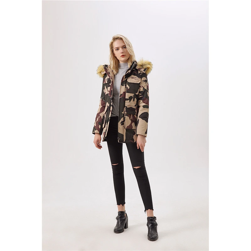 New Women Winter Camouflage Hooded Medium Jacket Coat Warm Wear Clothing For Lady LR-8876