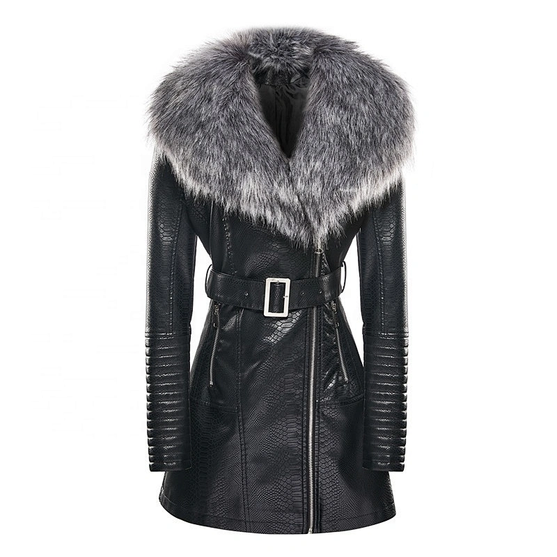 Winter Warm  OEM Waterproof Zipper Slim  100%PU Black Jacket  With Fur Coat LR-8878