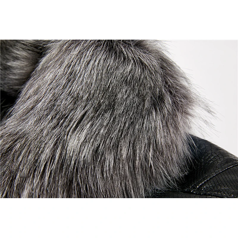 2019 Winter Warm  Fashion OEM Windproof Zipper Slim Black PU Jacket  With Fur Coat