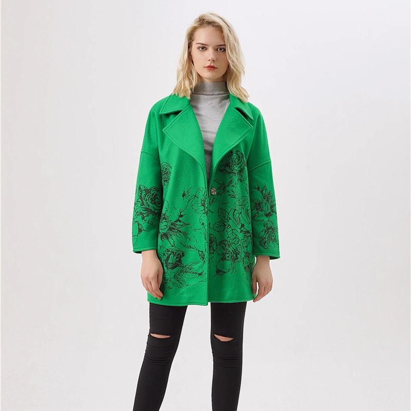2019 fashion women outwear coat with long sleeves green printing flower LR-7077