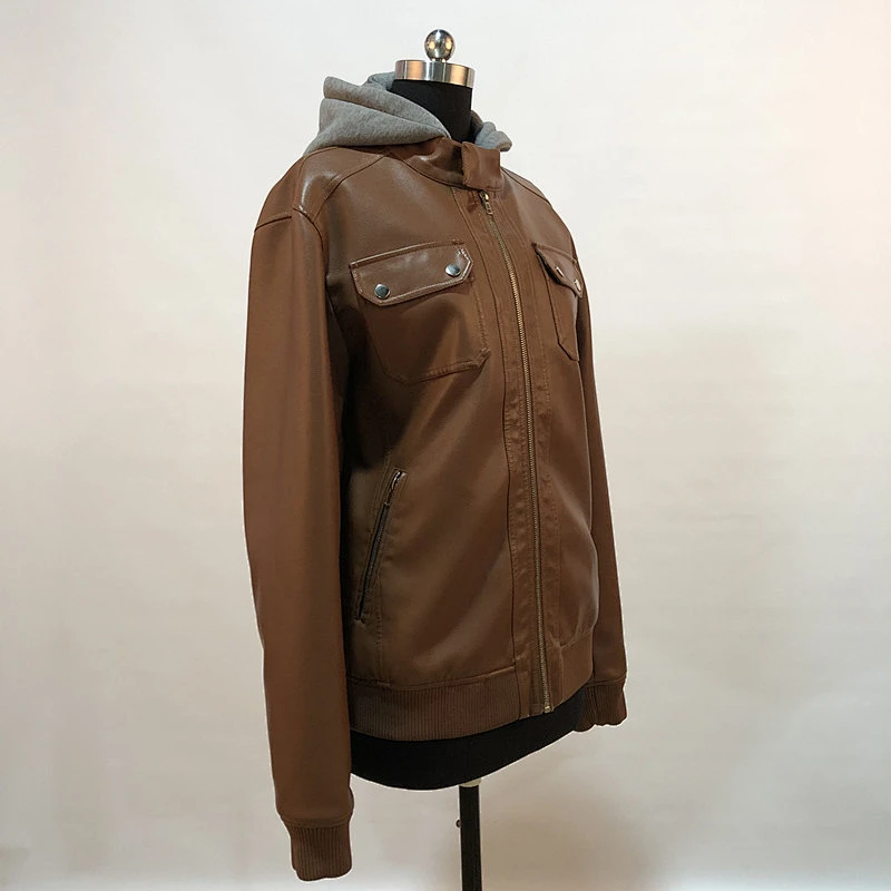 Medium Women Hooded Pu Jacket With Brown Leather Coat For Female YE-1853
