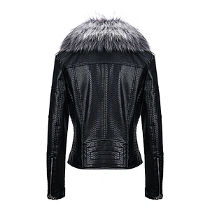 2019 Winter Warm  Fashion OEM Windproof Zipper Slim Black PU Jacket  With Fur Coat