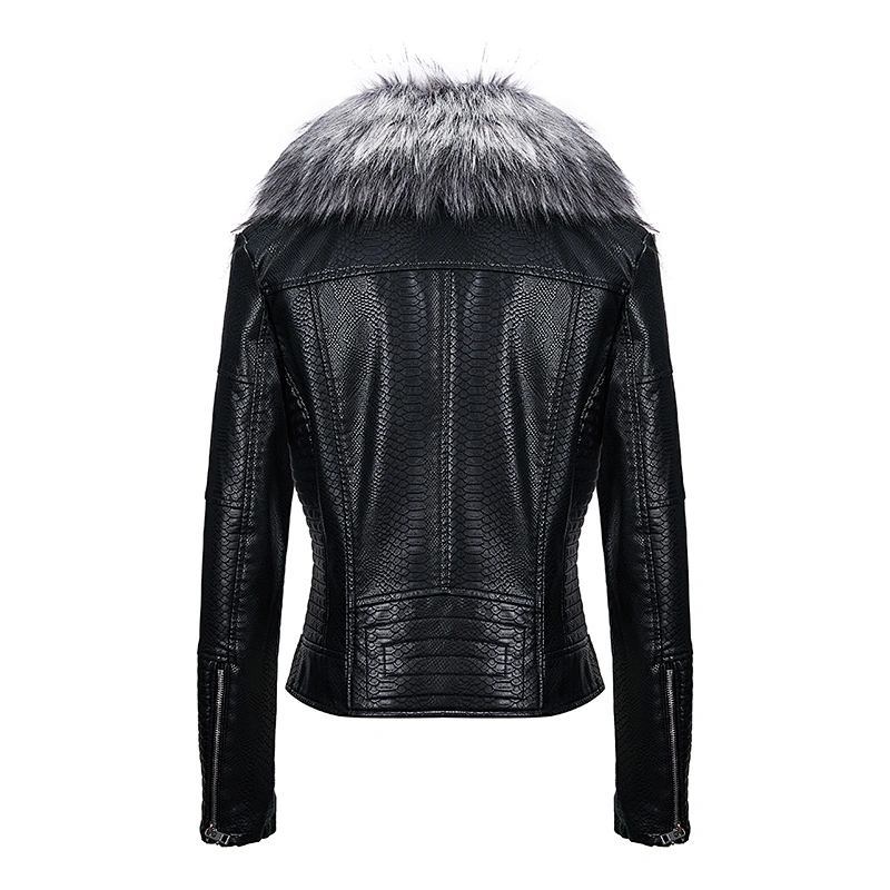 2019 Winter Warm  Fashion OEM Windproof Zipper Slim Black PU Jacket  With Fur Coat