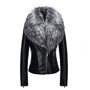 2019 Winter Warm  Fashion OEM Windproof Zipper Slim Black PU Jacket  With Fur Coat
