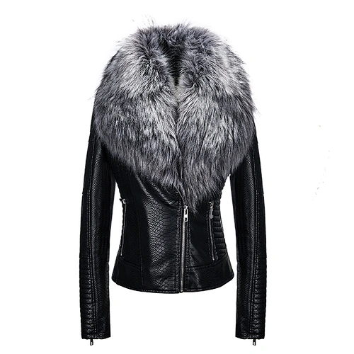 2019 Winter Warm  Fashion OEM Windproof Zipper Slim Black PU Jacket  With Fur Coat