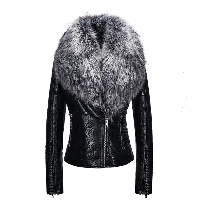 2019 Winter Warm  Fashion OEM Windproof Zipper Slim Black PU Jacket  With Fur Coat