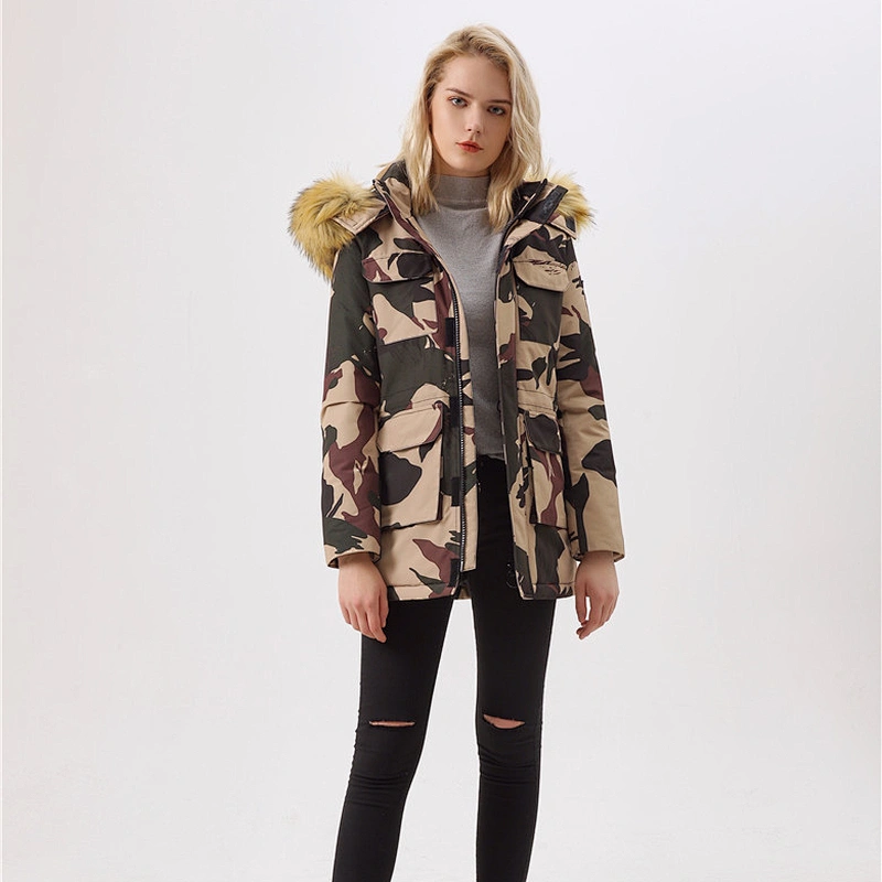 New Women Winter Camouflage Hooded Medium Jacket Coat Warm Wear Clothing For Lady LR-8876